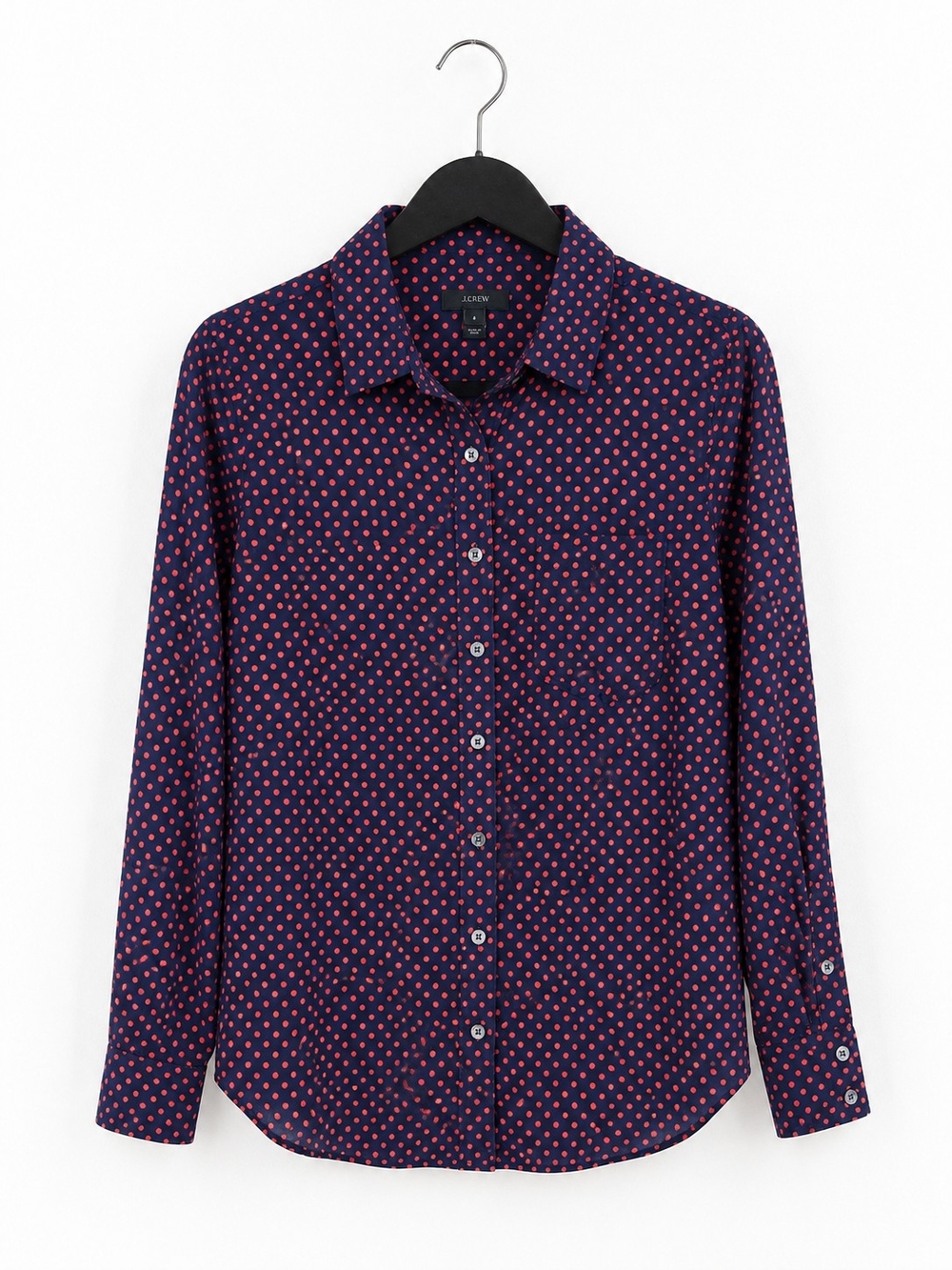 J.Crew Silk Cotton Polka Dot Button Down Blouse Navy Red Size 4 Preppy
